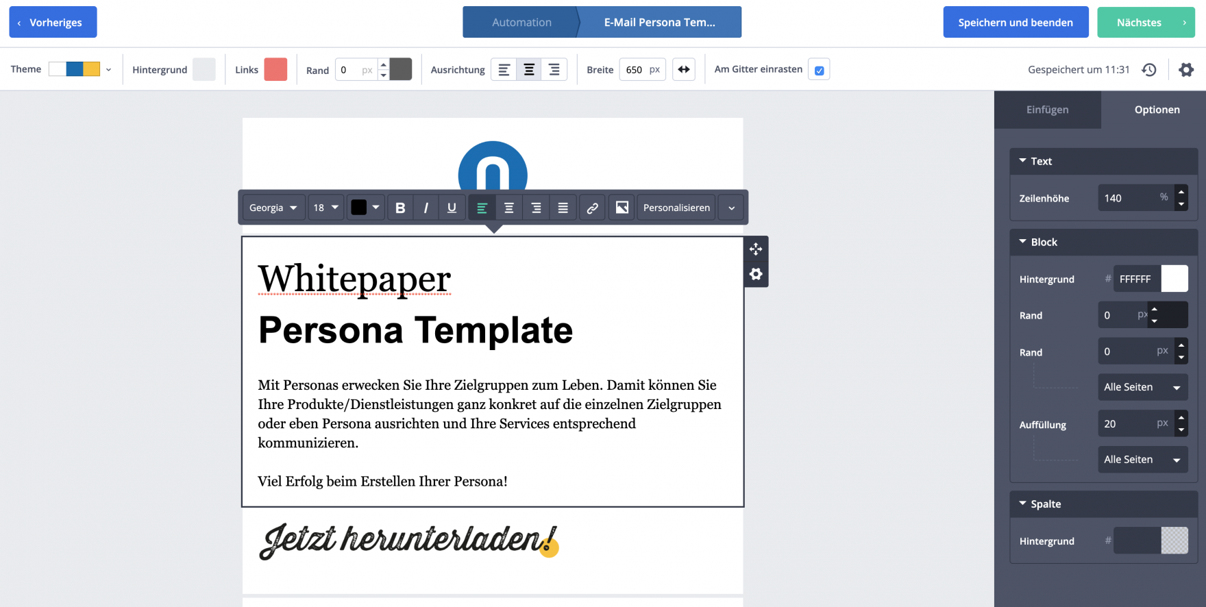 Screenshot vom ActiveCampaign Maileditor