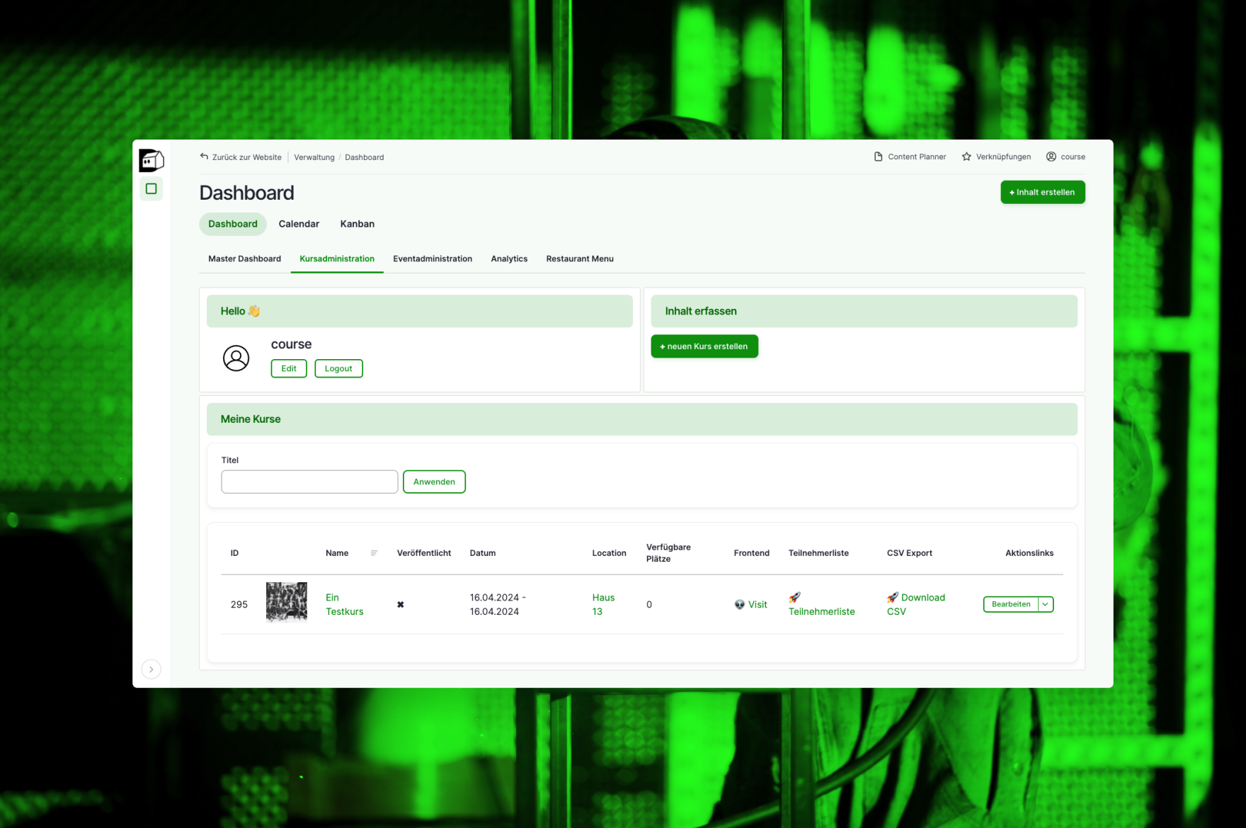 Screenshots Dynamo Kursverwaltungs-Dashboard